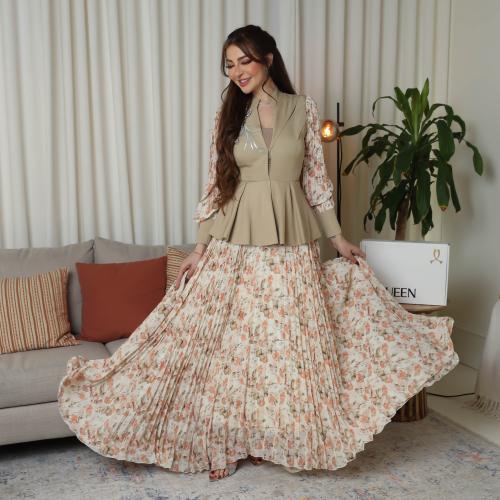 فستان مشجر طويل بلون بيج