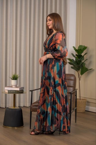 فستان سهرة مموج تل بلون برتقالي