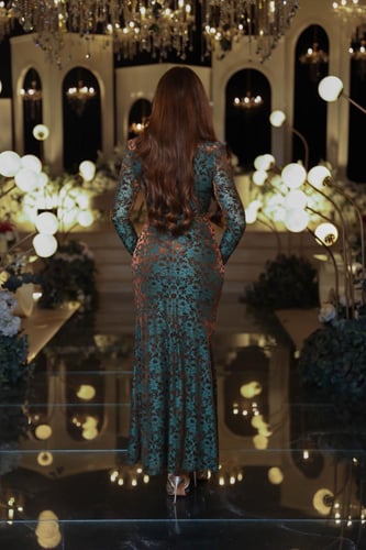 فستان تركواز بلمعة نحاسية ودرابية جانبية