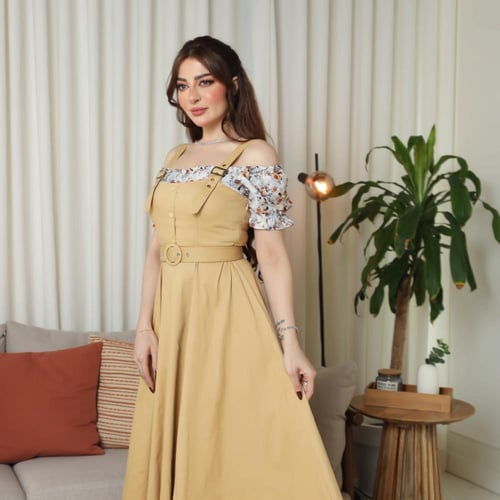 فستان ميدي بلون أصفر وأكمام مشجرة