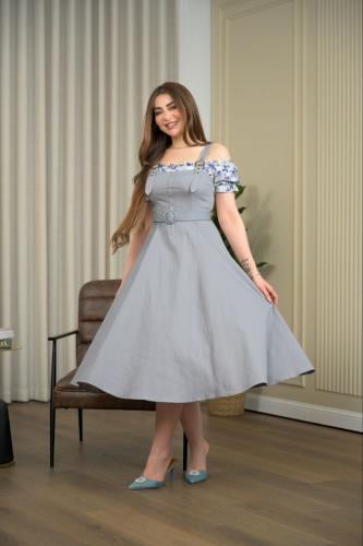 فستان ميدي رمادي وأكمام مشجرة