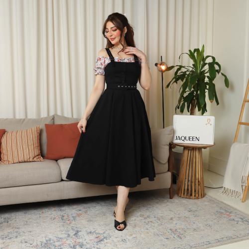 فستان ميدي أسود بأكمام مشجرة