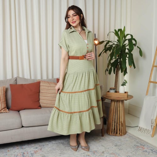 فستان ميدي نص كم بلون تفاحي