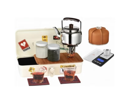 طقم شاي عربي فاخر للتخييم مزود بصندوق تخزين محمول