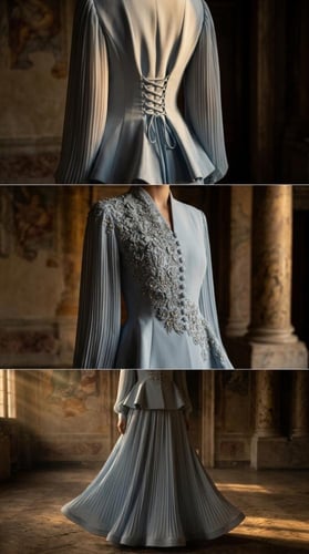 طقم أثينا السماوي جاكيت بيبلم مطرز مع تنورة بليسيه