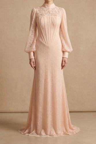 فستان سهرة دانتيل مشمشي فاخر بتصميم كورسيه