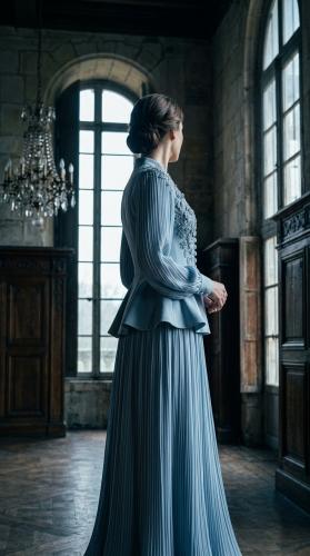 طقم أثينا السماوي جاكيت بيبلم مطرز مع تنورة بليسيه