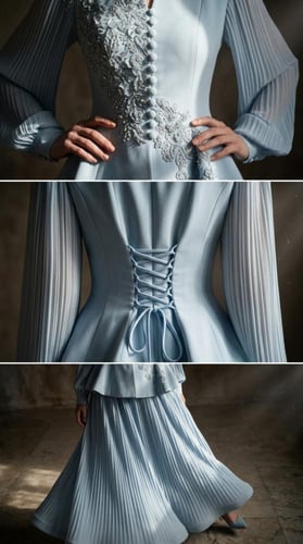 طقم أثينا السماوي جاكيت بيبلم مطرز مع تنورة بليسيه