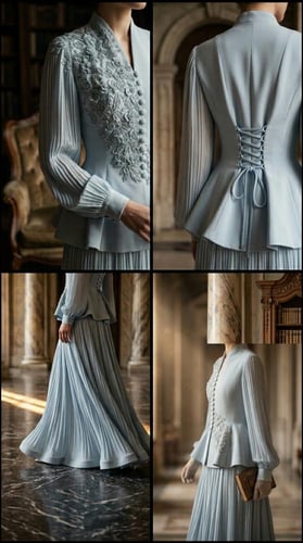 طقم أثينا السماوي جاكيت بيبلم مطرز مع تنورة بليسيه