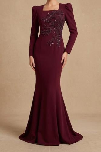 فستان سهرة برغندي مطرز