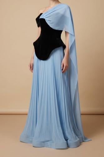 فستان سهرة أسود وسمائي كورسيه بليسيه بوشاح درابيه