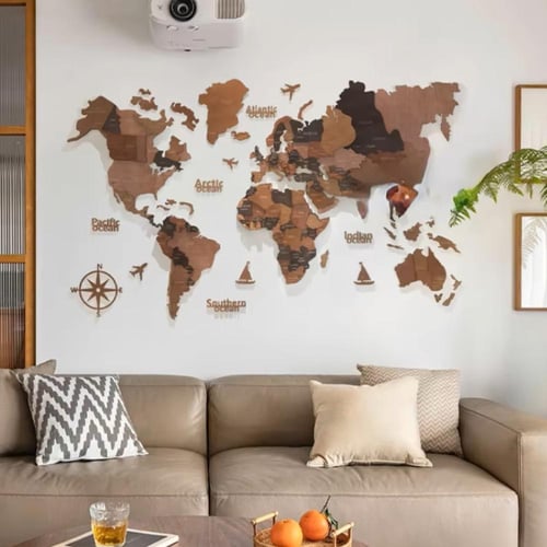 خريطة العالم 3D مصنوعة من الخشب