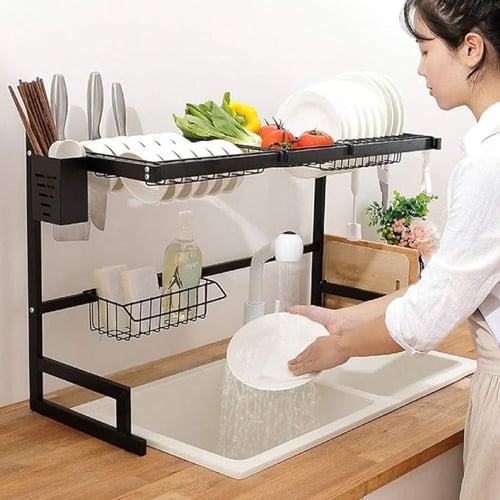 رف أسود للأطباق من الفولاذ (مقاوم للصدأ)