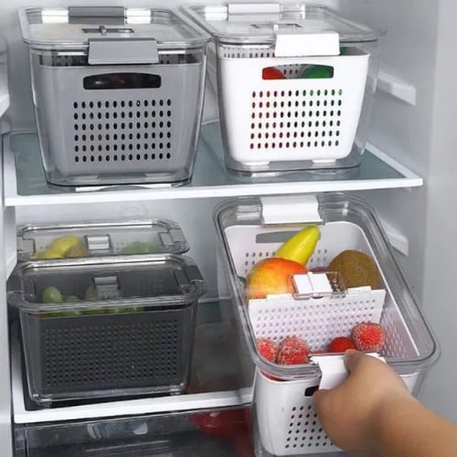 صندوق تخزين فواكة وخضار للثلاجة (مع غربال)
