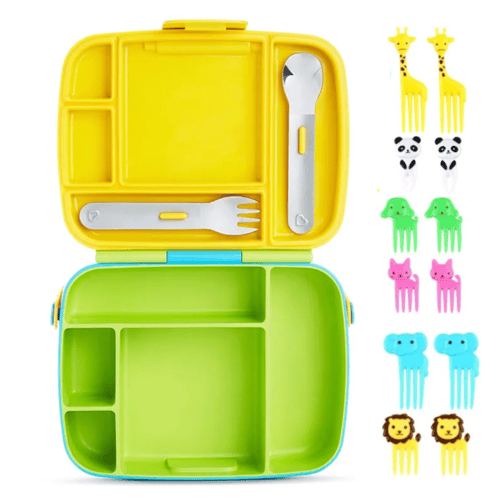 صندوق غداء للاطفال، 5 اقسام يتضمن ادوات (ملعقة وشو...
