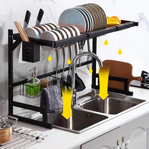 رف أسود للأطباق من الفولاذ (مقاوم للصدأ)