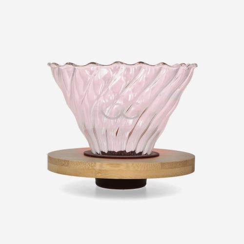 قمع V60 زجاجي شفاف بـ حامل خشب (وردي شفاف)