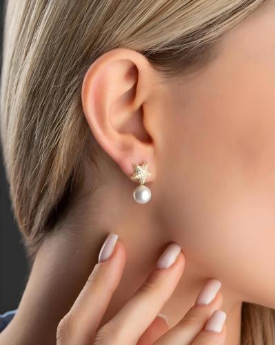 حلق فضه عيار 925 شكل قلب ونجمة مزينه بلؤلؤه