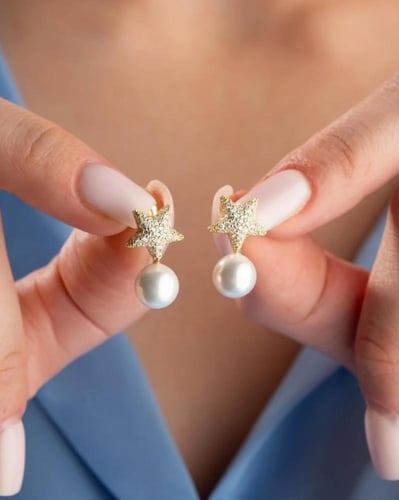 حلق فضه عيار 925 شكل قلب ونجمة مزينه بلؤلؤه