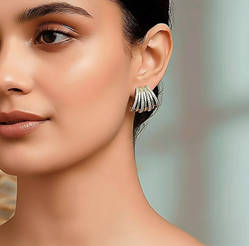 أقراط بتصميم مميز مغطاة بالزركون بشكل جزئي مطلية ذ...