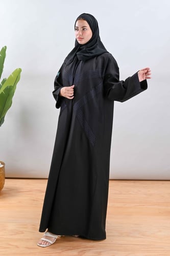 عباية كريب بجيوب وتطريز كحلي