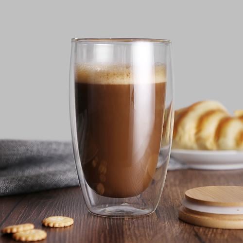 كوب قهوة زجاجي بغطاء خشبي 450 مل