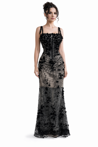 Evening dress with exposed shoulders decorated with flowers