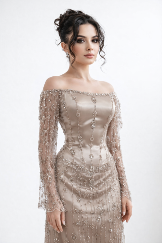 Luxurious embroidered evening dress beige