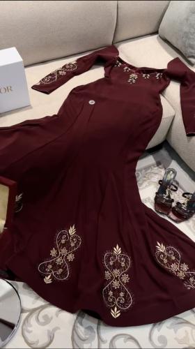 Maroon dress, crepe, embroidery, gold cane, and ma...
