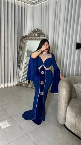 Korean stretch dress with Korean velvet, navy colo...