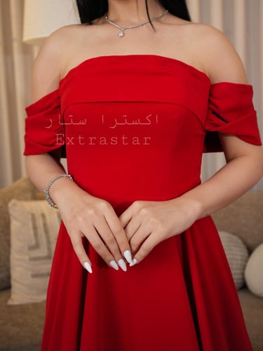 فستان أحمر طويل اوف شولدر