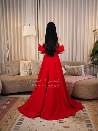 فستان أحمر طويل اوف شولدر