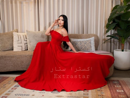 فستان أحمر طويل اوف شولدر