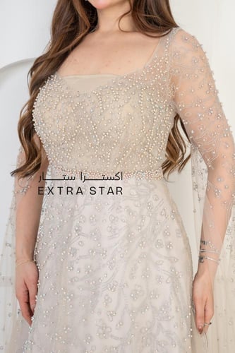 فستان سهره باكمام تل بتطريز مع لول فخم