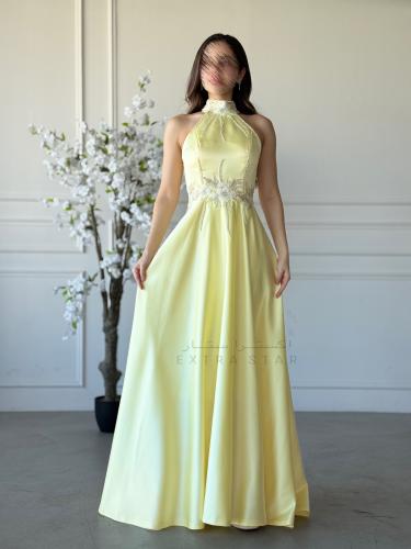 فستان سهرة أصفر ليموني بتطريز زهري وياقة مرتفعة