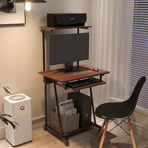 طاولة مكتب بني بعجلات ورفوف – عملي ويوفر عليك المس...