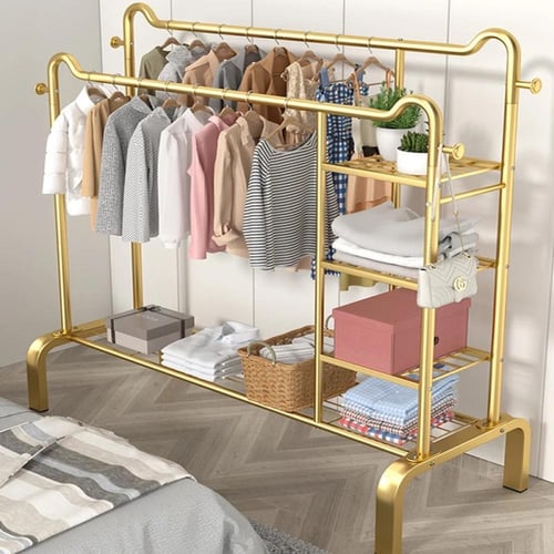 علاقة ملابس معدني بتصميم ذهبي فاخر مع أرفف متعددة...