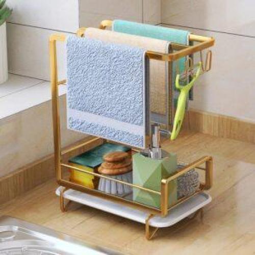 رف المناشف متعدد الوظائف بدون حفر حامل جداري ذهبي