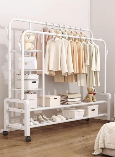 علاقة ملابس مزدوجة مع عجلات دوارة مزودة برفوف وعلا...