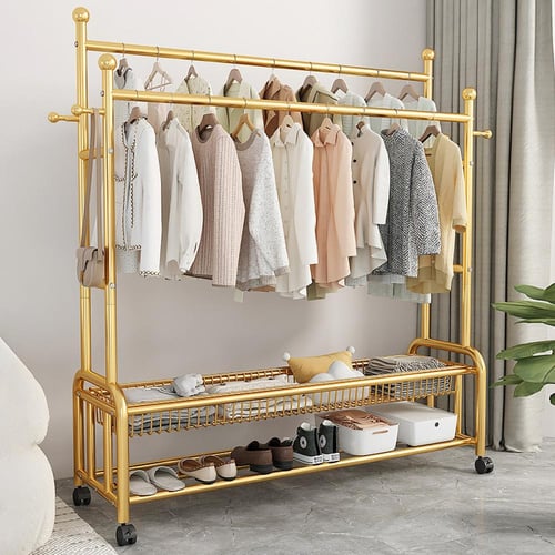 علاقة ملابس متحركة 2 في 1 بتصميم ذهبي فاخر مع أرفف...