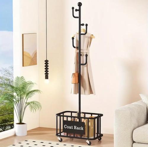 علاقة ملابس مع سلة تخزين وعجلات – تصميم أنيق وعملي...