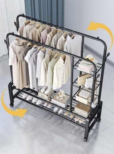 علاقة ملابس مزدوجة مع عجلات دوارة مزودة برفوف وعلا...