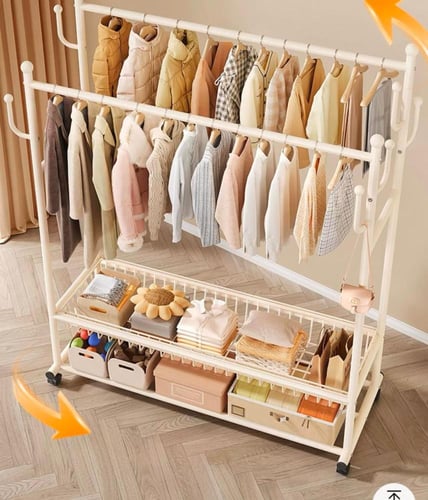 علاقة ملابس متحركة 2 في 1 بتصميم ابيض فاخر مع أرفف...