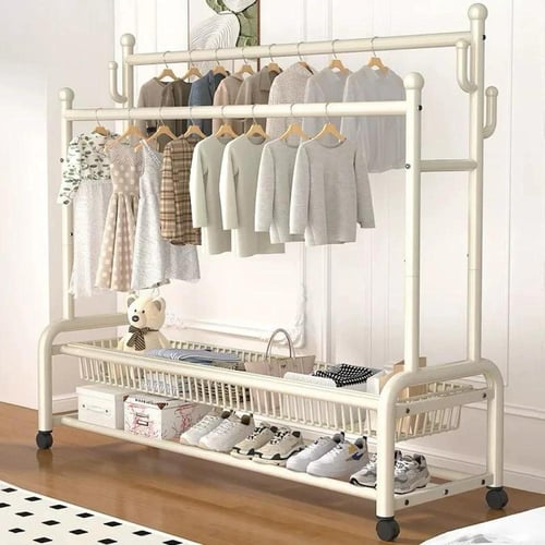 علاقة ملابس متحركة 2 في 1 بتصميم ابيض فاخر مع أرفف...