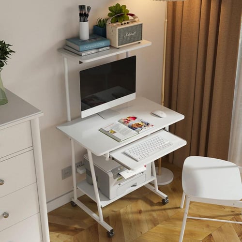 طاولة مكتب أبيض بعجلات ورفوف – عملي ويوفر عليك الم...