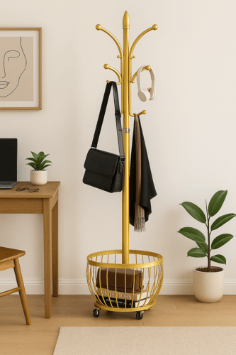 علاقة ملابس ذهبي مودرن بسلة تخزين سفلية وعجلات متح...