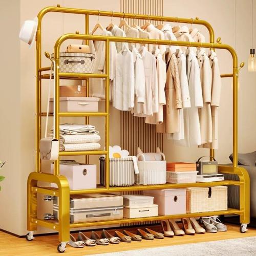 شماعة ملابس مزدوجة مع عجلات دوارة مزودة برفوف وعلا...