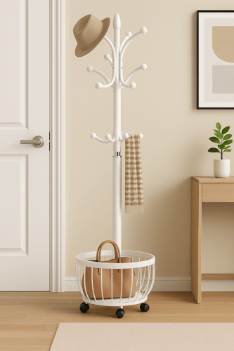 علاقة ملابس أبيض مودرن بسلة تخزين سفلية وعجلات متح...