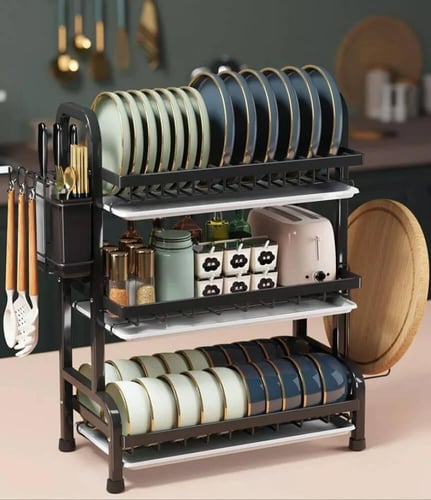 رف تجفيف أطباق مطبخ متعدد الطبقات مع رفوف جانبية و...