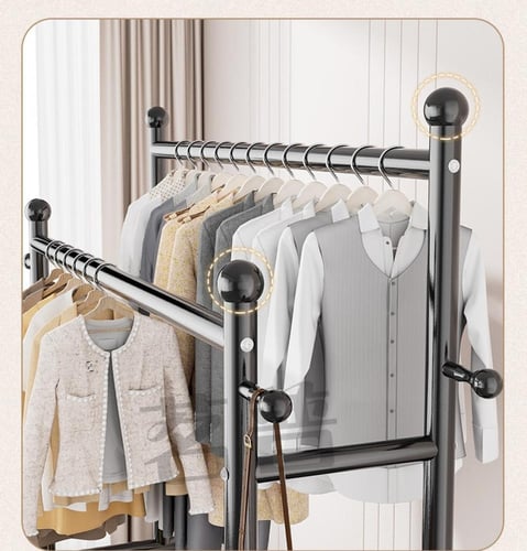 علاقة ملابس 2 في 1: تصميم عصري، رفوف واسعة، وعجلات...